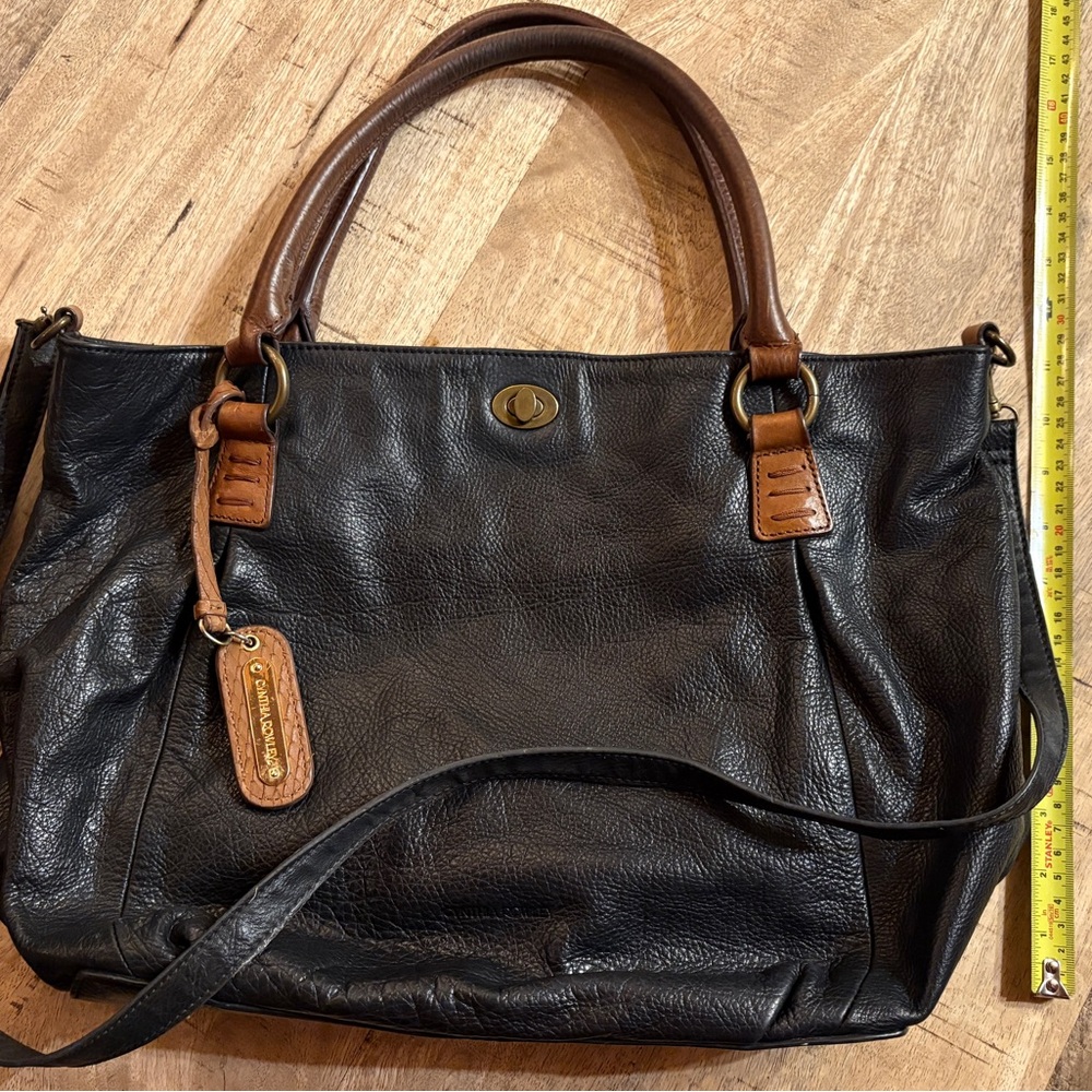 Cynthia Rowley Black Pebbled Leather Tote Bag with Brown Straps Trim Laptop